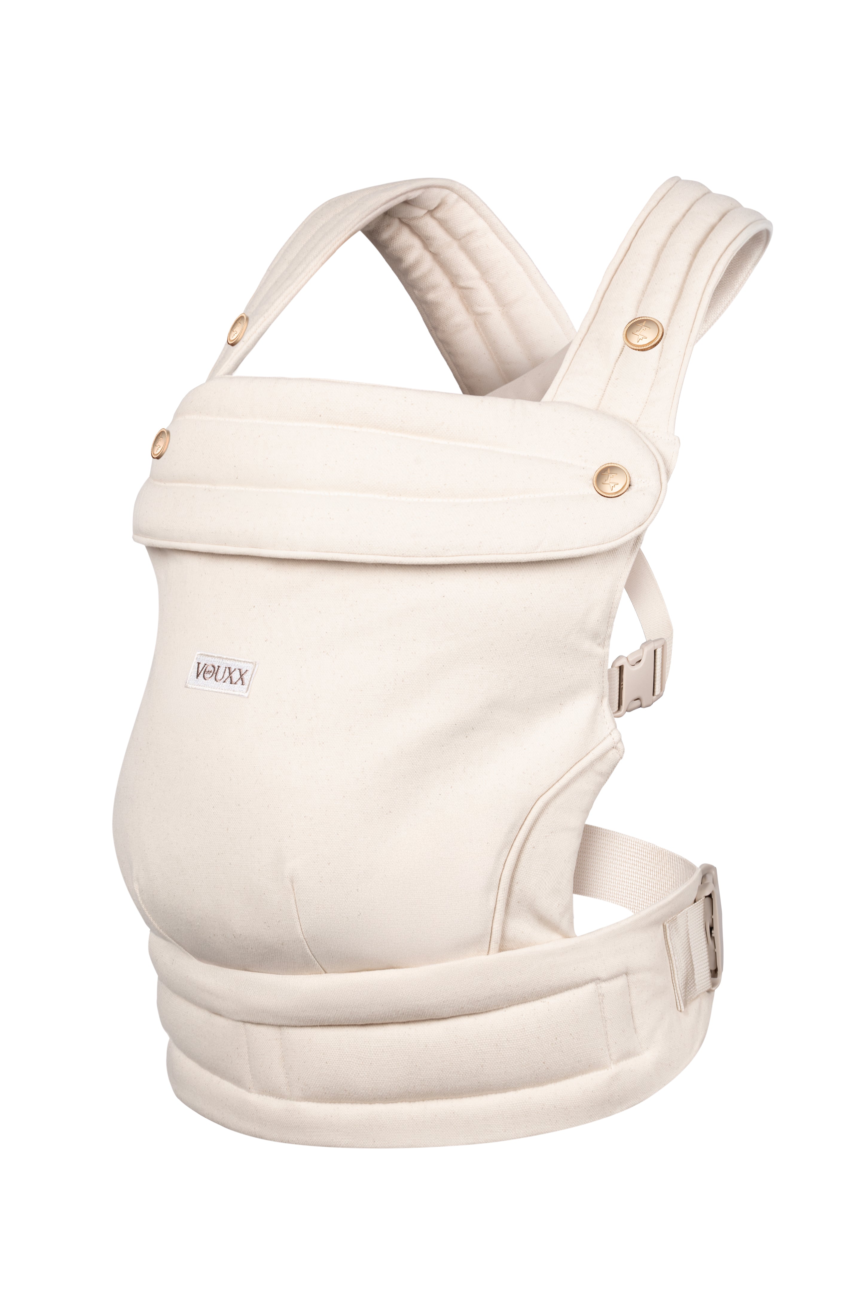 ergonomische baby draagzak van ongebleekt katoen met Oekotex 100 certificering. In creme kleur van het merk VOUXX
