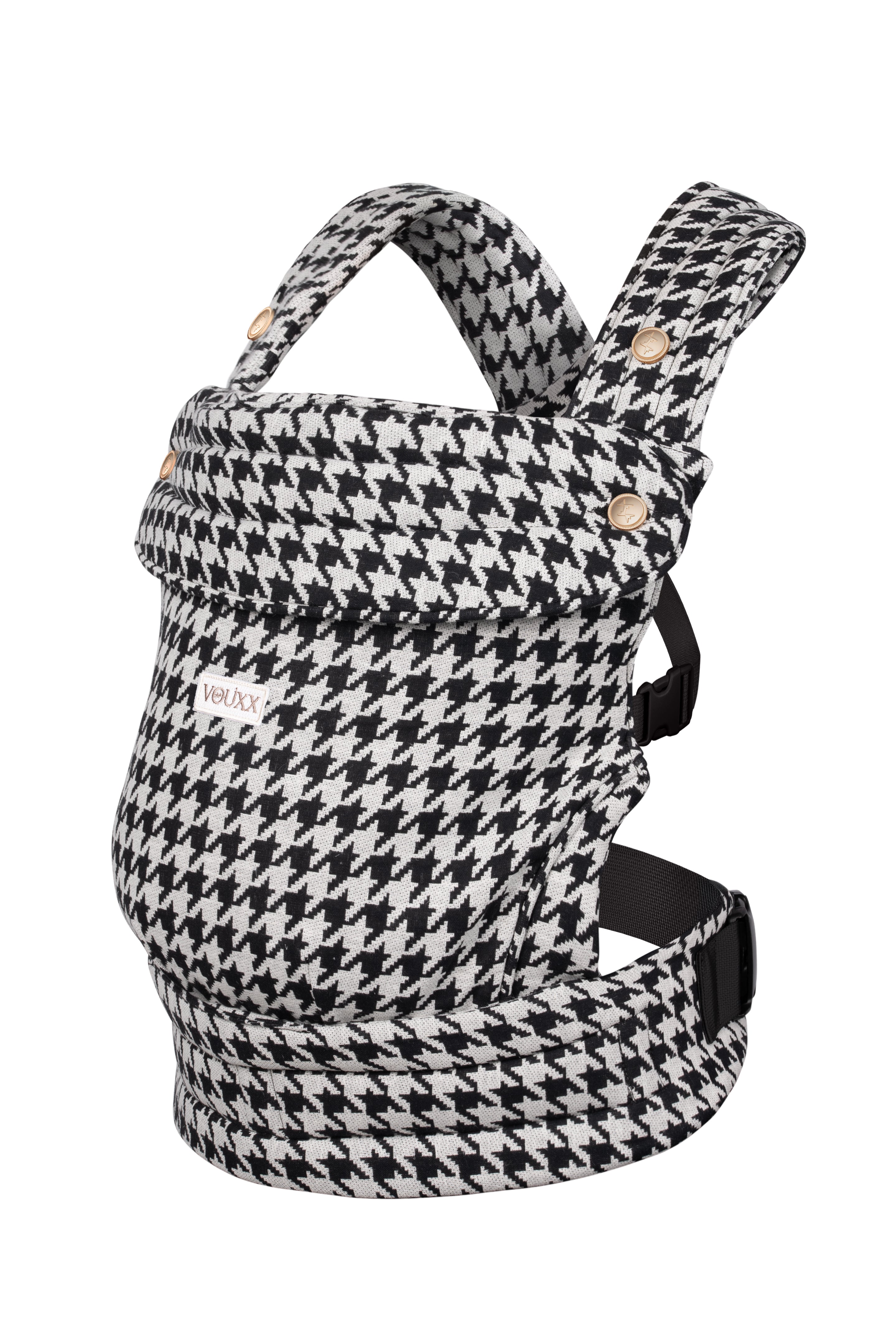 ergonomische baby draagzak in katoen linnen. Gecertificeerd model. zwart wit van het merk VOUXX
