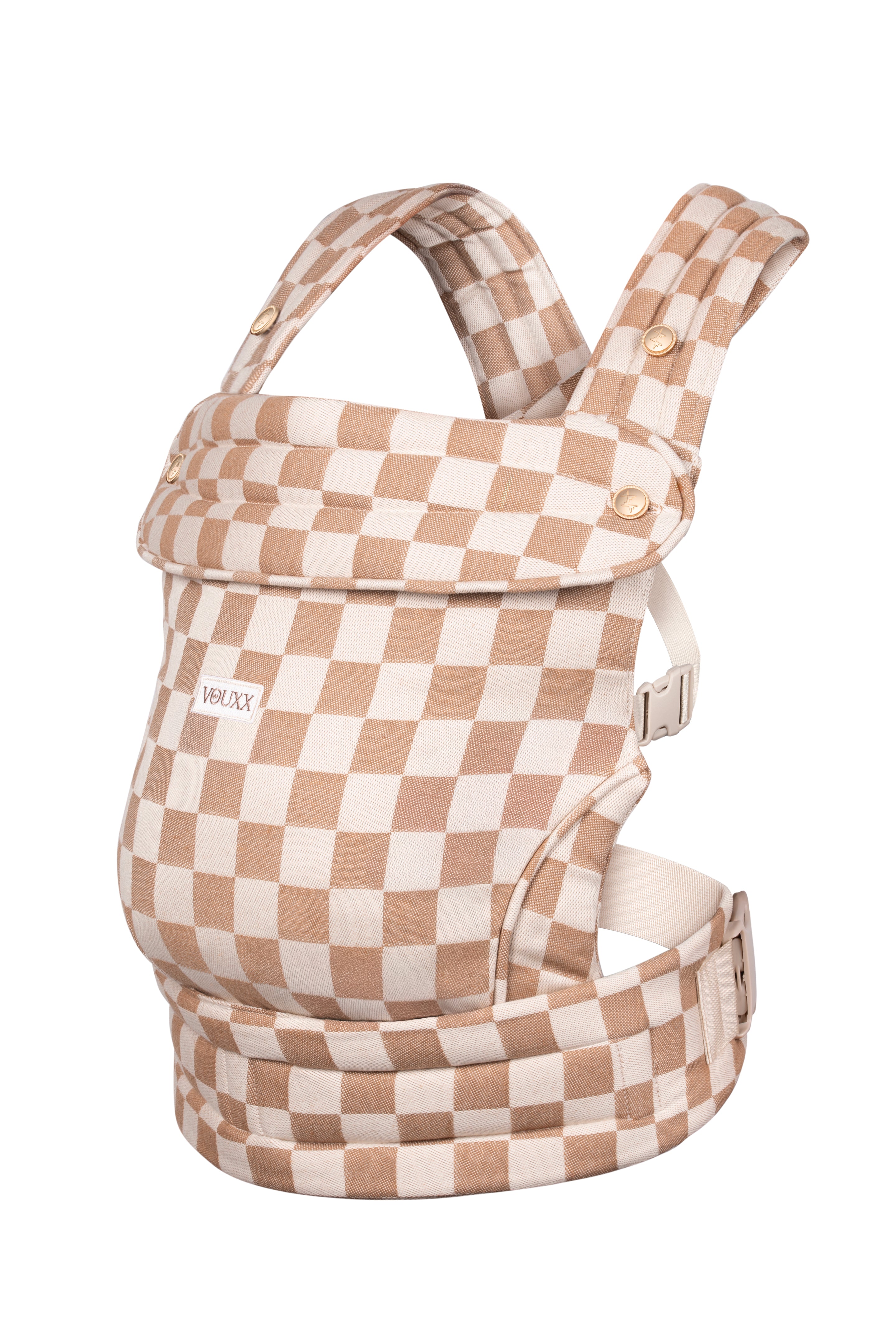 Ergonomische draagzak 100% katoen duurzaam en veilig blokjes stof in beige kleur van VOUXX