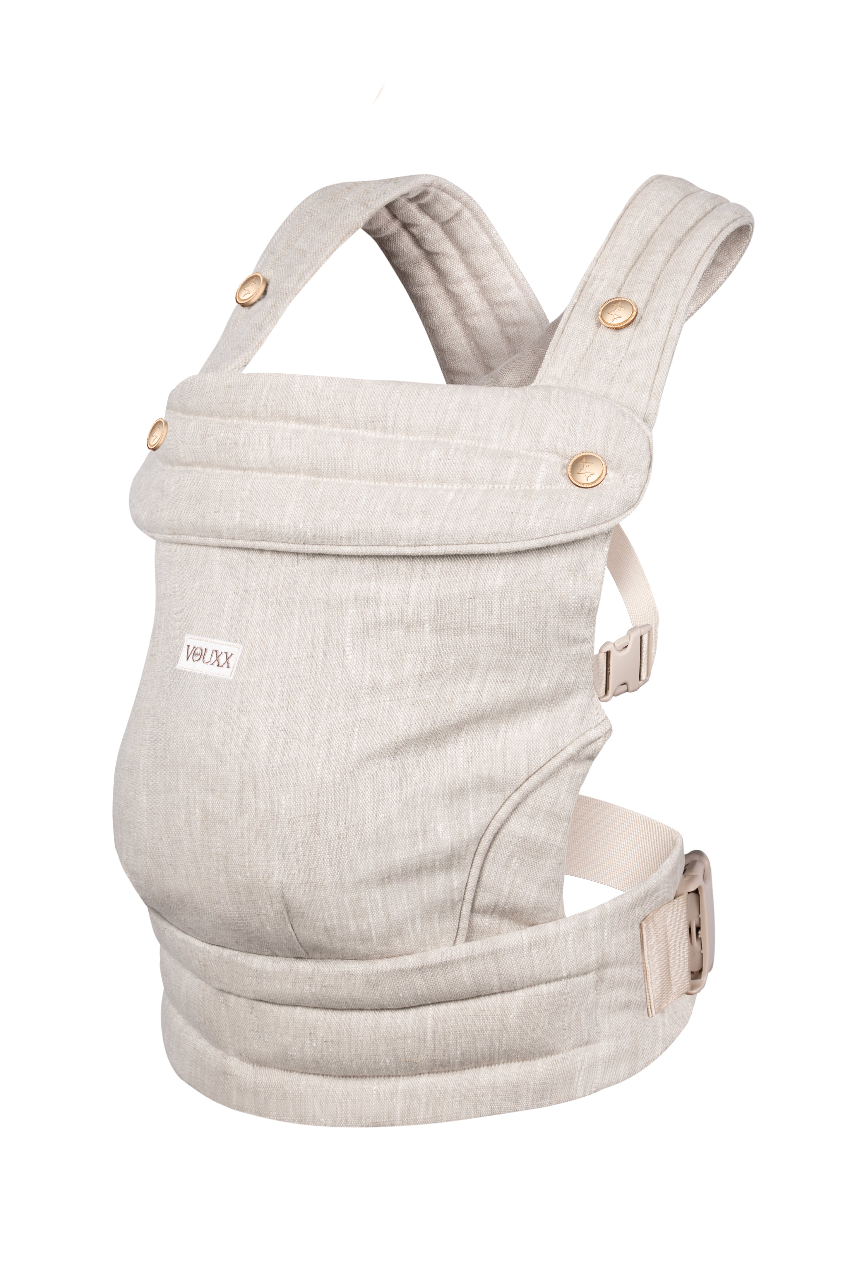 Baby draagzak beige linnen ergonomisch ontwerp van VOUXX, duurzaam gemaakt in Nederland