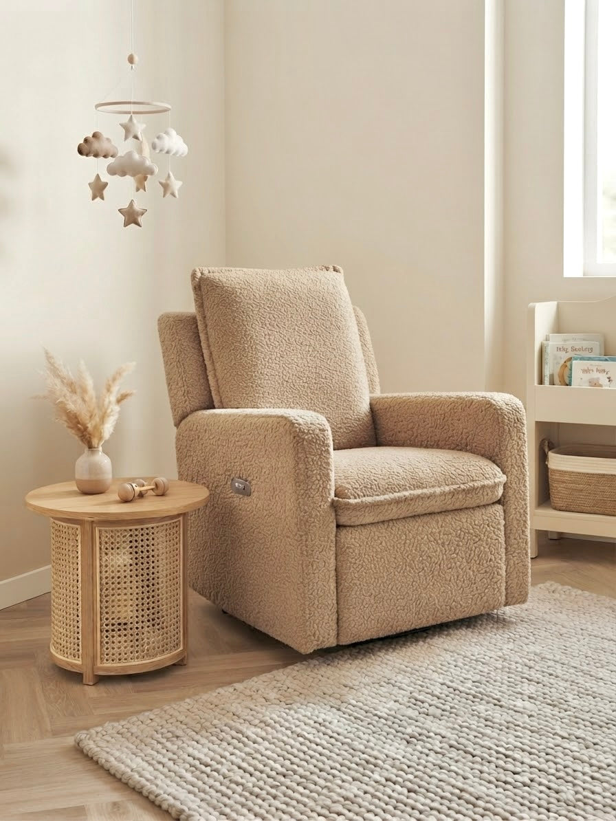 Schommelstoel elektrisch teddy bouclé beige (pre-order bezorging half-eind Oktober)