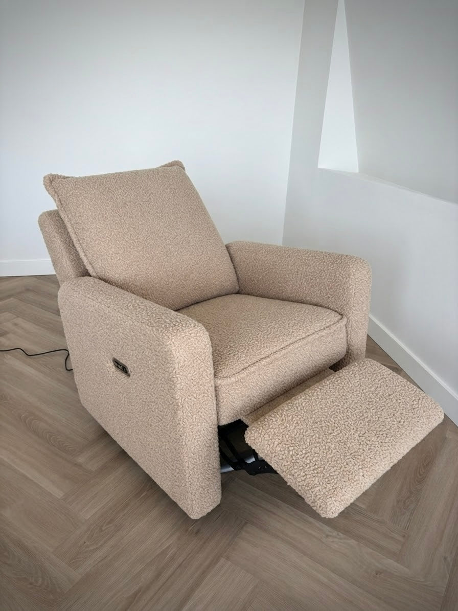 Schommelstoel elektrisch teddy bouclé beige (pre-order bezorging half-eind Oktober)